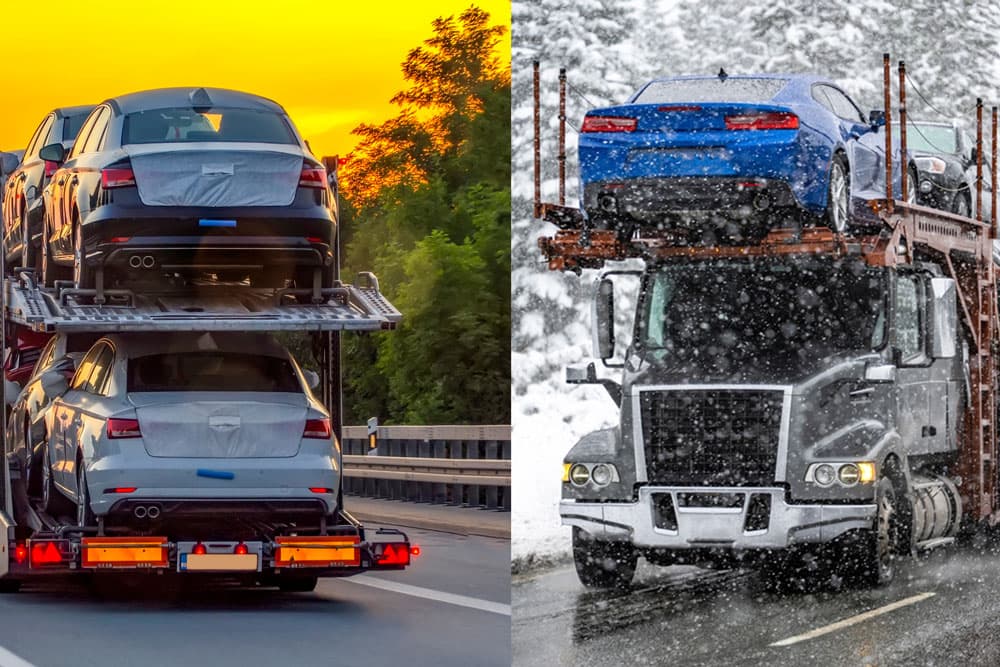 Image related to blog title Car shipping in summer vs. winter: contrasting weather conditions impact safety and transport efficiency.